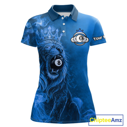 Personalized Blue Grunge Smoke Crown Lion 8 Ball Pool Billiard Shirts For Women Billiard Attire Gifts NYN2827