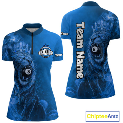 Personalized Blue Grunge Smoke Crown Lion 8 Ball Pool Billiard Shirts For Women Billiard Attire Gifts NYN2827