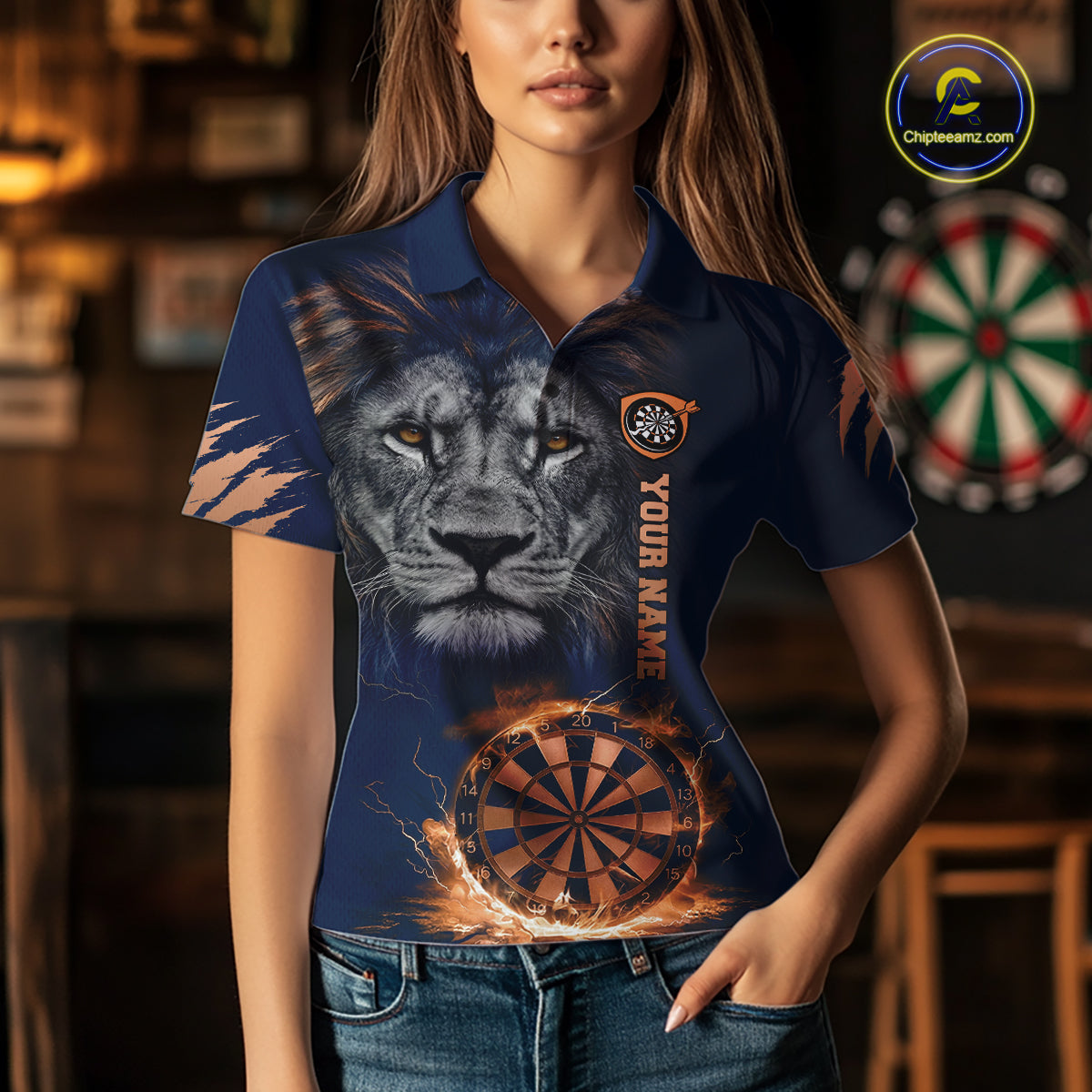 Custom Fire Flame Orange Dartboard  Funny Lion Women Dart Jerseys Outfits Dart Polo & 1/4-Zip Shirt NYN3033