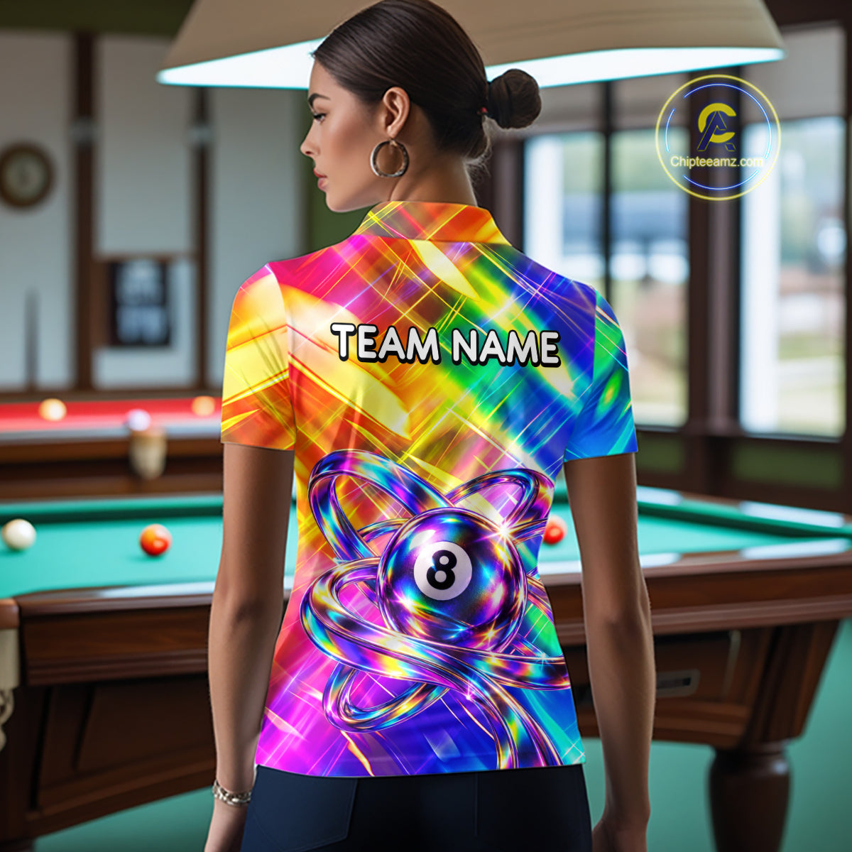 Personalized Holographic 8-Ball Pool Billiard Jersey For Women Rainbow Billiard Team Tournament Shirt NYN4797