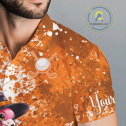 Halloween Mens Golf Polo Shirt Custom Flamingo Orange Splatter Halloween Golf Clothing Shirts NYN4809