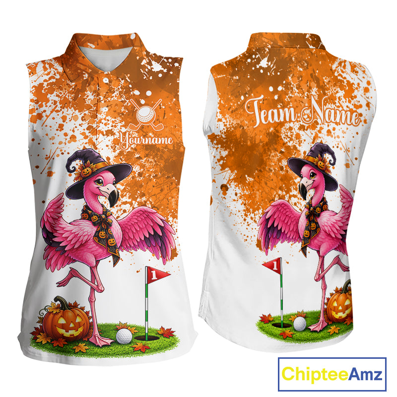 Halloween Womens Golf Sleeveless Polo Shirt Custom Flamingo Orange Splatter Halloween Golf Clothing Shirts NYN4809