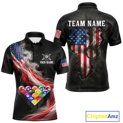 Smoke US Flag Smoke Billiard Polo & 1/4-Zip For Men Custom Patriotic 8 Ball Pool Team Jersey NYN3045