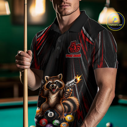 Grunge Raccoon Gun 8 Ball Mens Billiard Polo Shirts Custom Black And Red Funny Billiard Team Apparel NYN4817