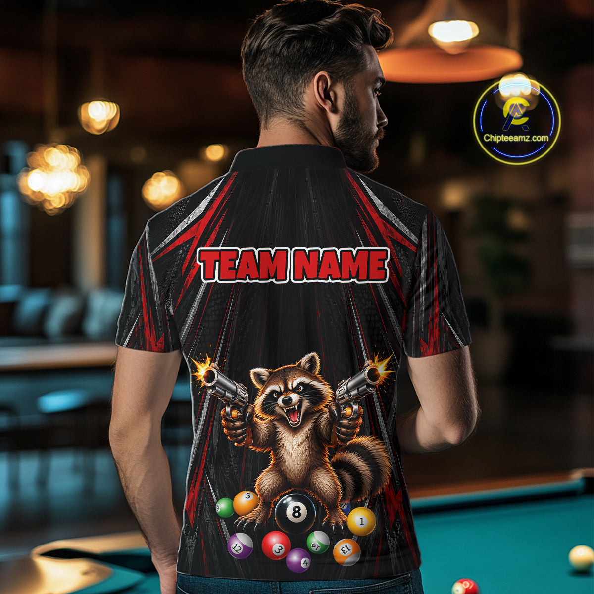 Grunge Raccoon Gun 8 Ball Mens Billiard Polo Shirts Custom Black And Red Funny Billiard Team Apparel NYN4817
