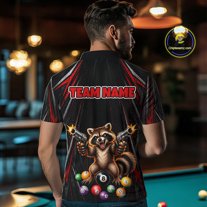 Grunge Raccoon Gun 8 Ball Mens Billiard Polo Shirts Custom Black And Red Funny Billiard Team Apparel NYN4817