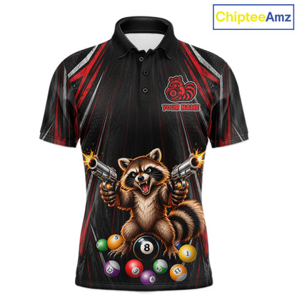 Grunge Raccoon Gun 8 Ball Mens Billiard Polo Shirts Custom Black And Red Funny Billiard Team Apparel NYN4817