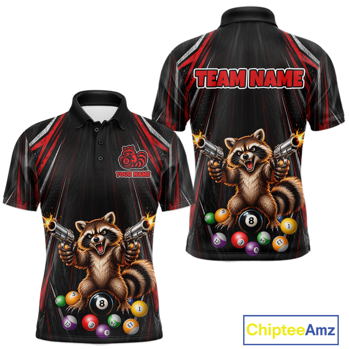 Grunge Raccoon Gun 8 Ball Mens Billiard Polo Shirts Custom Black And Red Funny Billiard Team Apparel NYN4817