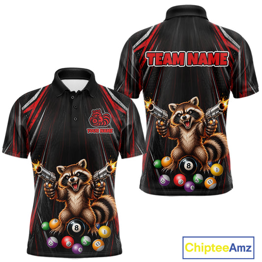 Grunge Raccoon Gun 8 Ball Mens Billiard Polo Shirts Custom Black And Red Funny Billiard Team Apparel NYN4817