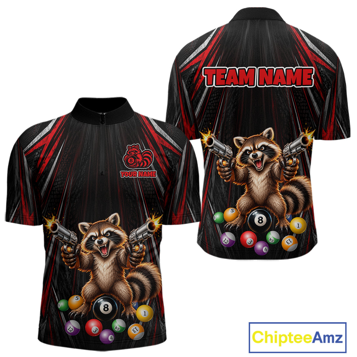 Grunge Raccoon Gun 8 Ball Mens Billiard Polo Shirts Custom Black And Red Funny Billiard Team Apparel NYN4817