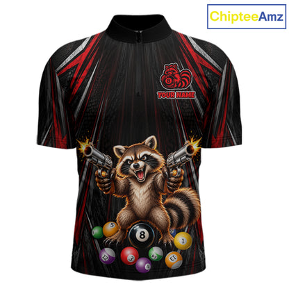 Grunge Raccoon Gun 8 Ball Mens Billiard Polo Shirts Custom Black And Red Funny Billiard Team Apparel NYN4817