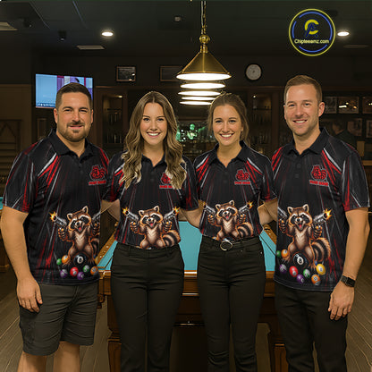 Grunge Raccoon Gun 8 Ball Mens Billiard Polo Shirts Custom Black And Red Funny Billiard Team Apparel NYN4817