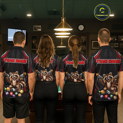 Grunge Raccoon Gun 8 Ball Mens Billiard Polo Shirts Custom Black And Red Funny Billiard Team Apparel NYN4817