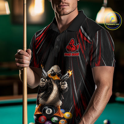 Grunge Duck Gun 8 Ball Mens Billiard Polo Shirts Custom Black And Red Funny Billiard Team Apparel NYN4818