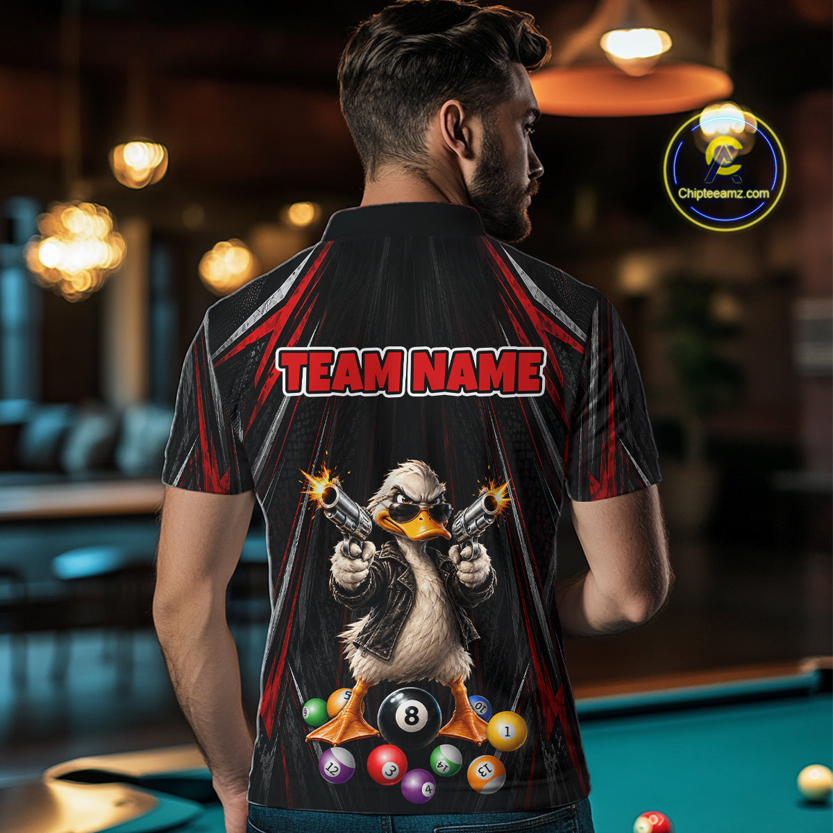 Grunge Duck Gun 8 Ball Mens Billiard Polo Shirts Custom Black And Red Funny Billiard Team Apparel NYN4818