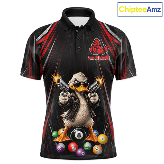 Grunge Duck Gun 8 Ball Mens Billiard Polo Shirts Custom Black And Red Funny Billiard Team Apparel NYN4818