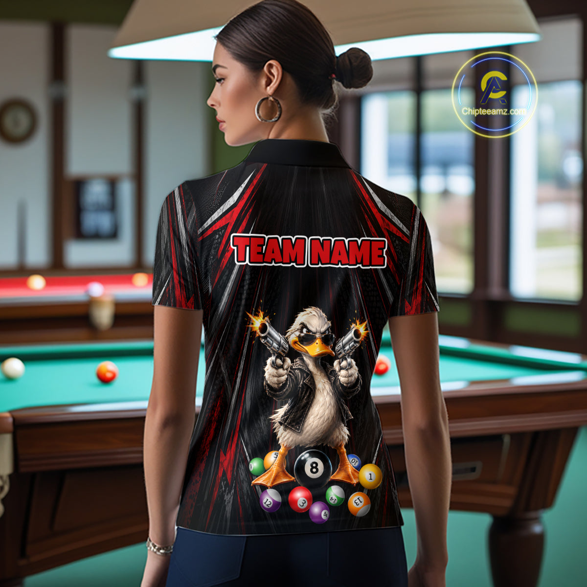 Grunge Duck Gun 8 Ball Women Billiard Polo Shirts Custom Black And Red Funny Billiard Team Apparel NYN4818