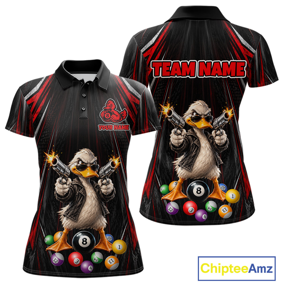 Grunge Duck Gun 8 Ball Women Billiard Polo Shirts Custom Black And Red Funny Billiard Team Apparel NYN4818