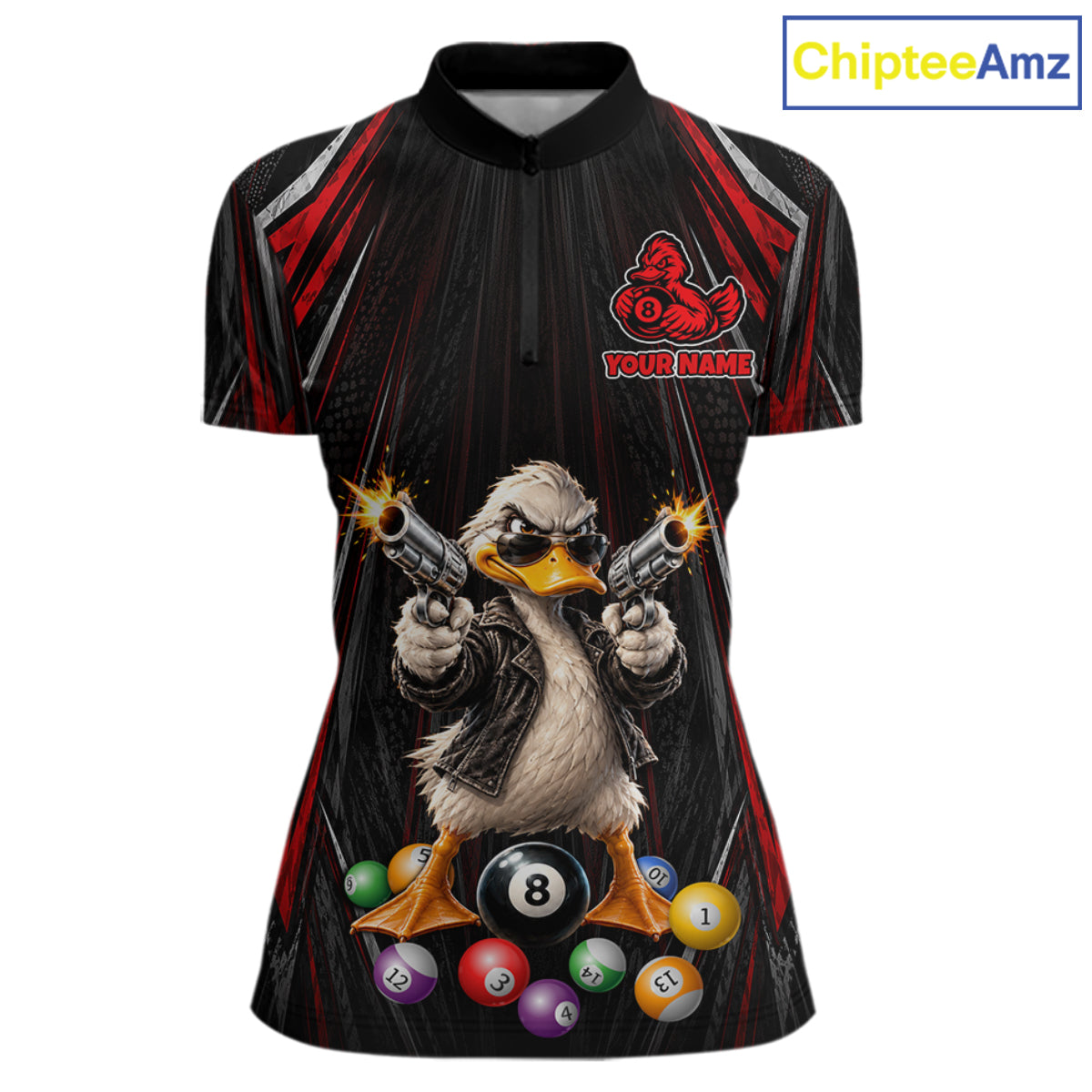 Grunge Duck Gun 8 Ball Women Billiard Polo Shirts Custom Black And Red Funny Billiard Team Apparel NYN4818