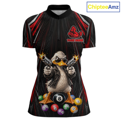 Grunge Duck Gun 8 Ball Women Billiard Polo Shirts Custom Black And Red Funny Billiard Team Apparel NYN4818