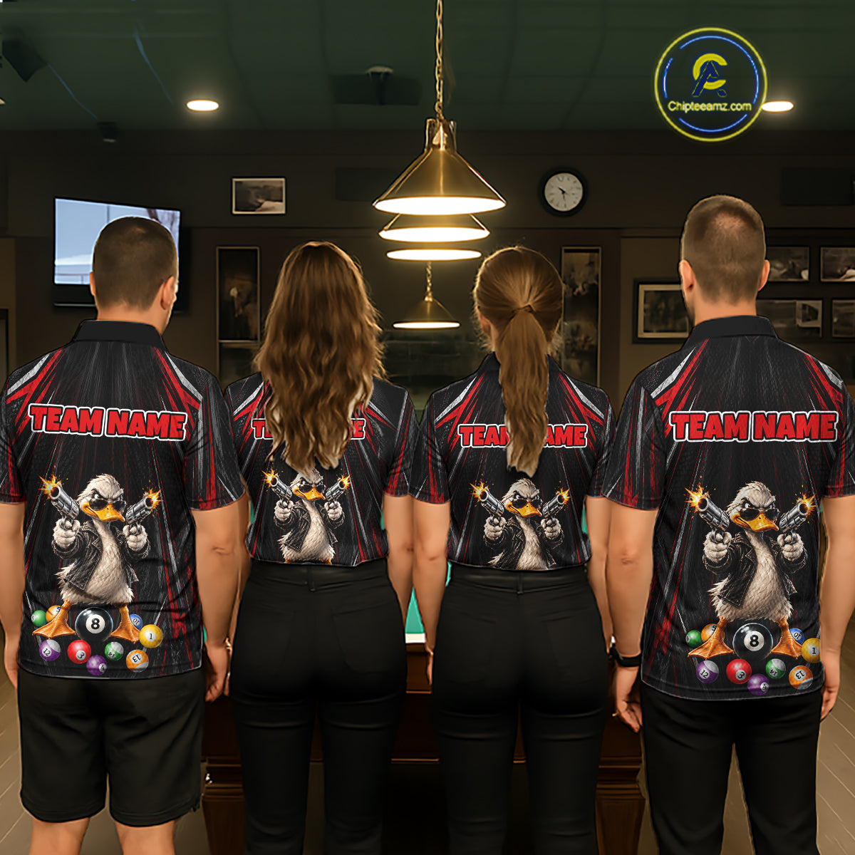 Grunge Duck Gun 8 Ball Mens Billiard Polo Shirts Custom Black And Red Funny Billiard Team Apparel NYN4818
