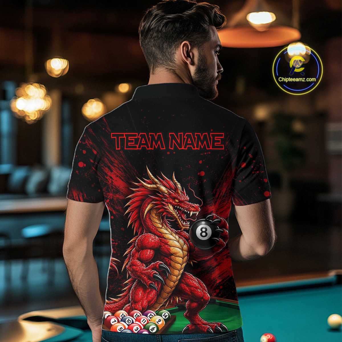 Custom Red Grunge Dragon 8 Ball Billiard Pool Shirt For Men Funny Billiard Team Jersey NYN4819