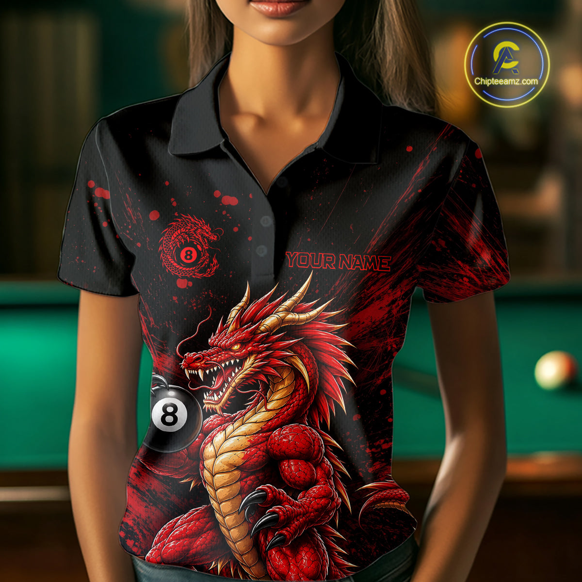 Custom Red Grunge Dragon 8 Ball Billiard Pool Shirt For Women Funny Billiard Team Jersey NYN4819