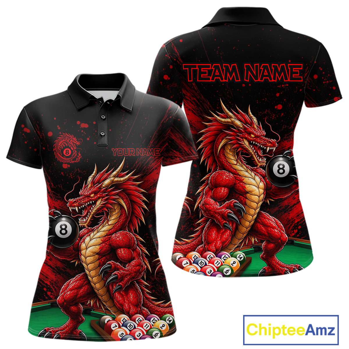 Custom Red Grunge Dragon 8 Ball Billiard Pool Shirt For Women Funny Billiard Team Jersey NYN4819