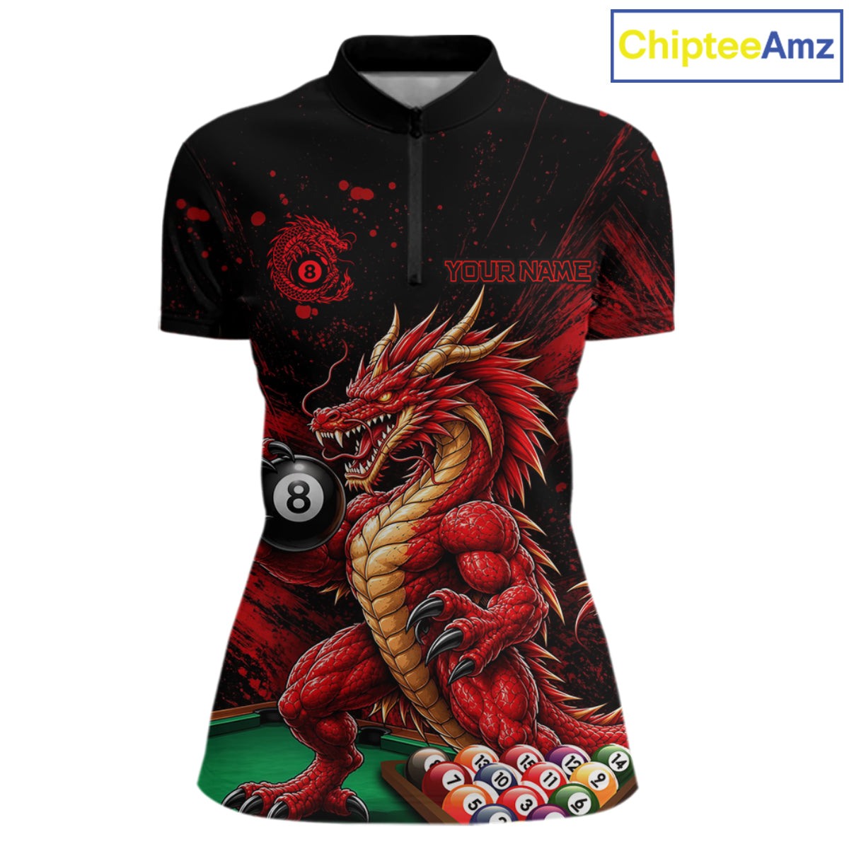 Custom Red Grunge Dragon 8 Ball Billiard Pool Shirt For Women Funny Billiard Team Jersey NYN4819