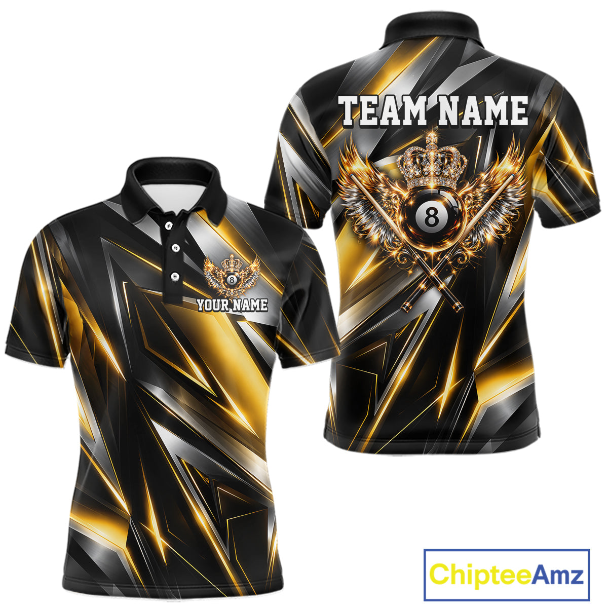 Custom  Crown 8 Ball Wings Billiard Polo 1/4-Zip Shirt For Men Silver & Gold Billiard Pool Team Jersey NYN4825