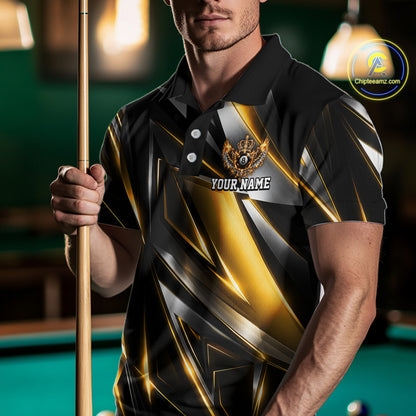 Custom  Crown 8 Ball Wings Billiard Polo 1/4-Zip Shirt For Men Silver & Gold Billiard Pool Team Jersey NYN4825