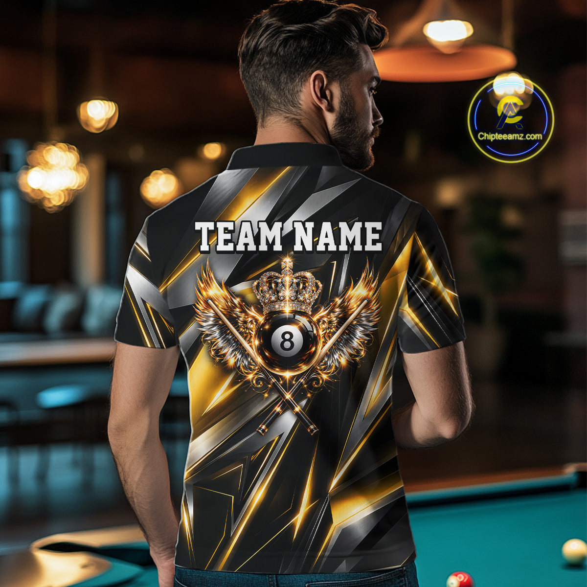 Custom  Crown 8 Ball Wings Billiard Polo 1/4-Zip Shirt For Men Silver & Gold Billiard Pool Team Jersey NYN4825
