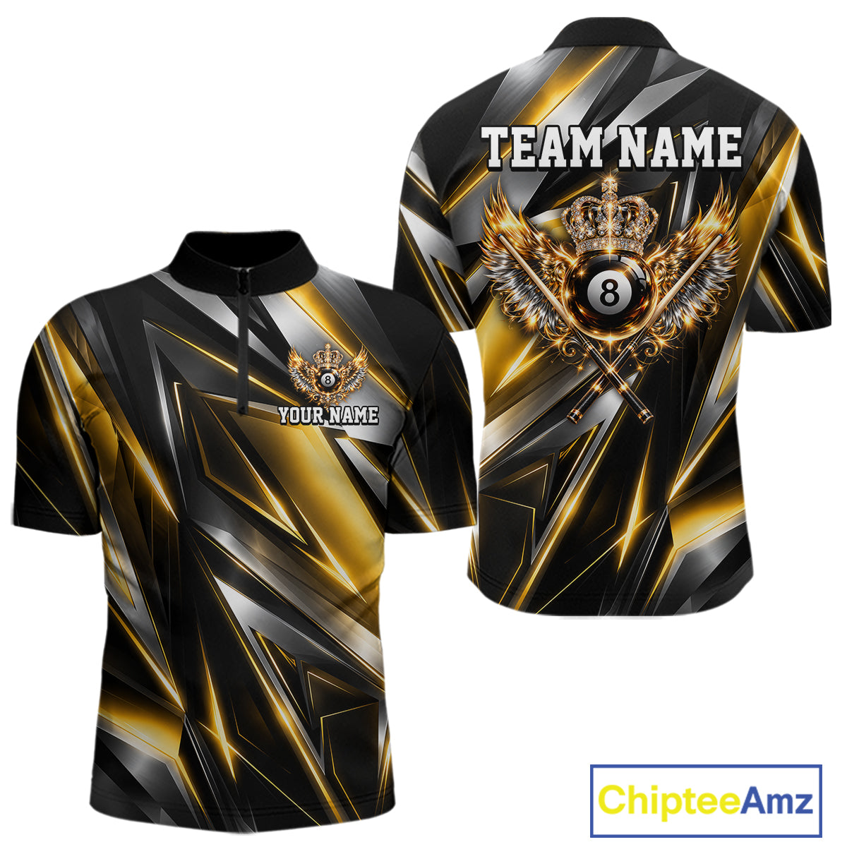Custom  Crown 8 Ball Wings Billiard Polo 1/4-Zip Shirt For Men Silver & Gold Billiard Pool Team Jersey NYN4825
