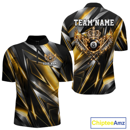 Custom  Crown 8 Ball Wings Billiard Polo 1/4-Zip Shirt For Men Silver & Gold Billiard Pool Team Jersey NYN4825