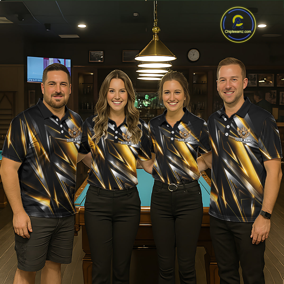 Custom  Crown 8 Ball Wings Billiard Polo 1/4-Zip Shirt For Men Silver & Gold Billiard Pool Team Jersey NYN4825