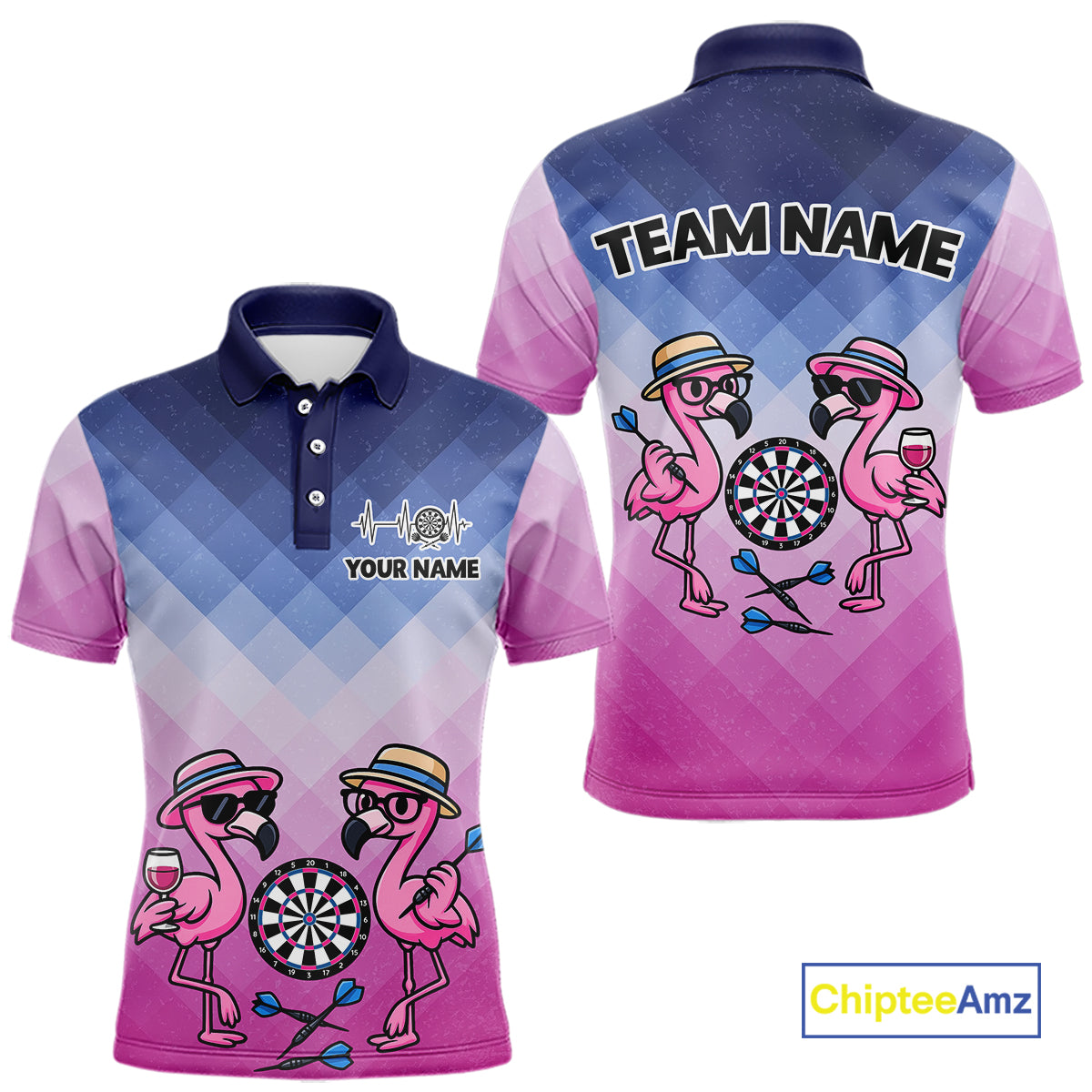 Custom Funny Pink Couple Flamingo Custom Dart Polo Shirts For Men Dart Team Jerseys NYN2187