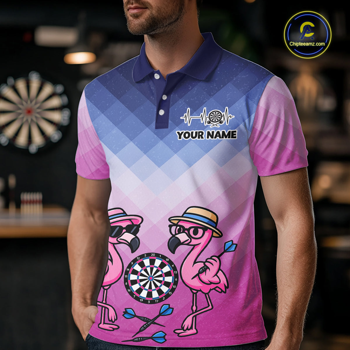 Custom Funny Pink Couple Flamingo Custom Dart Polo Shirts For Men Dart Team Jerseys NYN2187