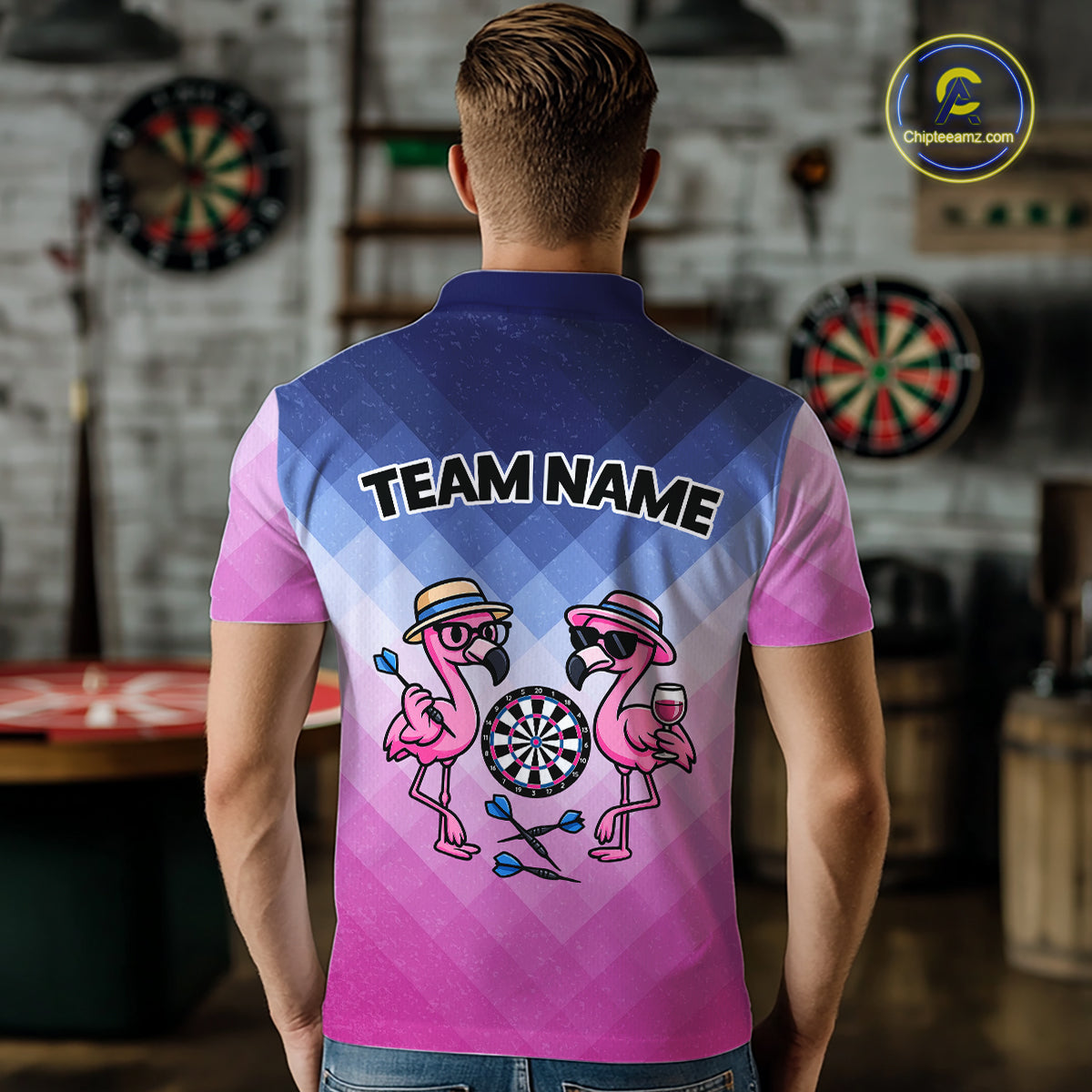 Custom Funny Pink Couple Flamingo Custom Dart Polo Shirts For Men Dart Team Jerseys NYN2187