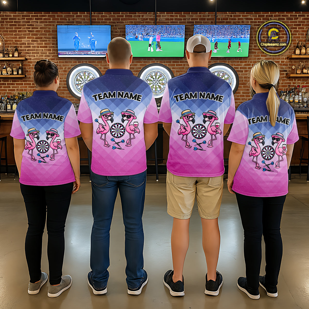 Custom Funny Pink Couple Flamingo Custom Dart Polo Shirts For Women Dart Team Jerseys NYN2187