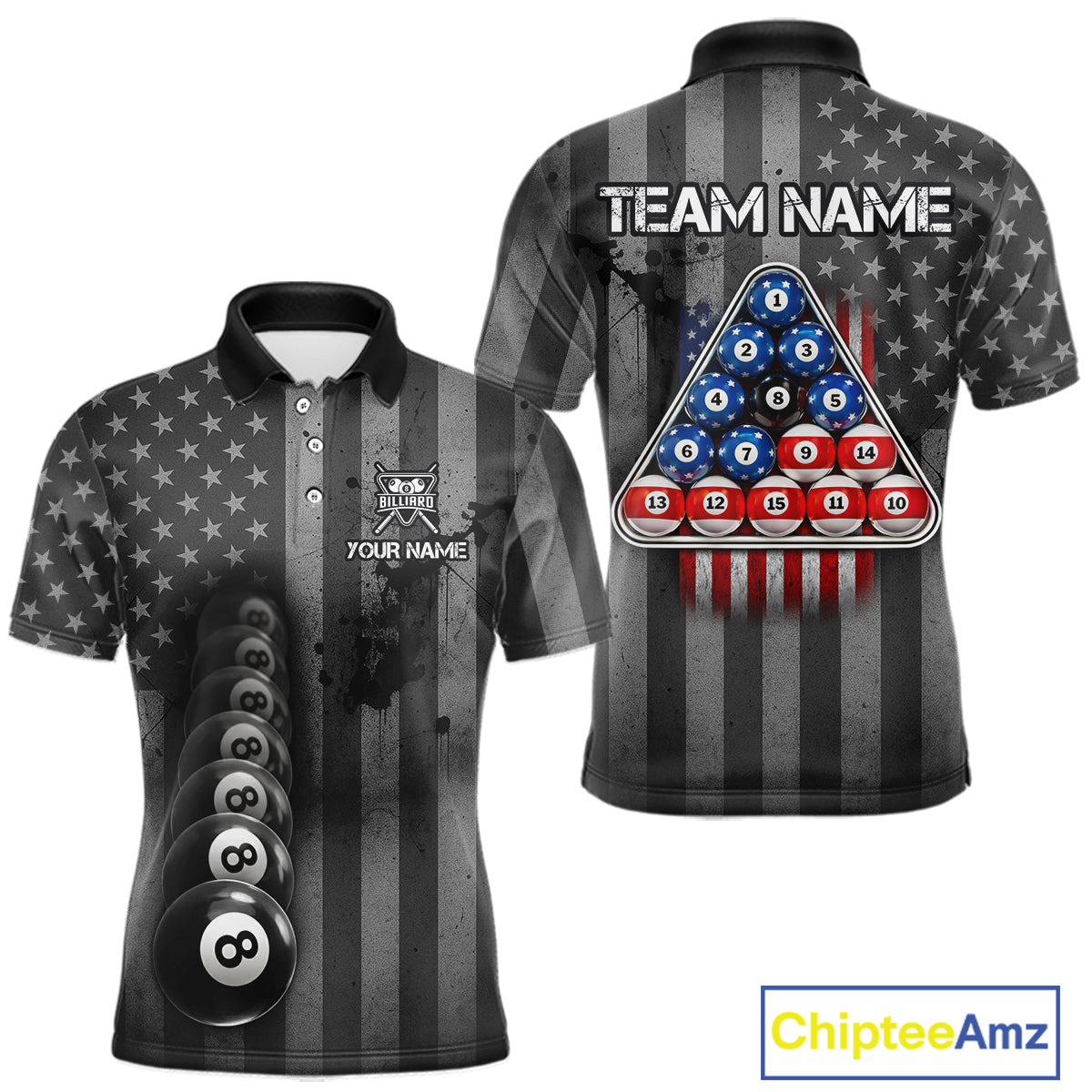 Grunge US Flag Blur 8 Ball Pool Billiard Team Shirt For Men Custom Patriotic Billiards Ball Attire NYN2470