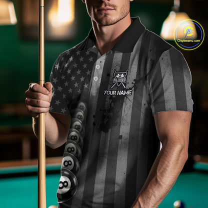 Grunge US Flag Blur 8 Ball Pool Billiard Team Shirt For Men Custom Patriotic Billiards Ball Attire NYN2470