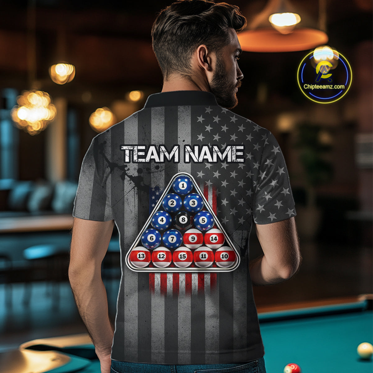 Grunge US Flag Blur 8 Ball Pool Billiard Team Shirt For Men Custom Patriotic Billiards Ball Attire NYN2470