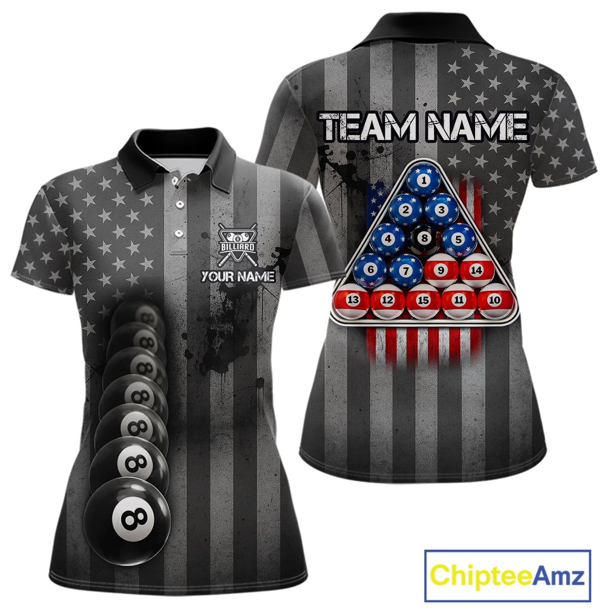 Grunge US Flag Blur 8 Ball Pool Billiard Team Shirt For Women Custom Patriotic Billiards Ball Attire NYN2470