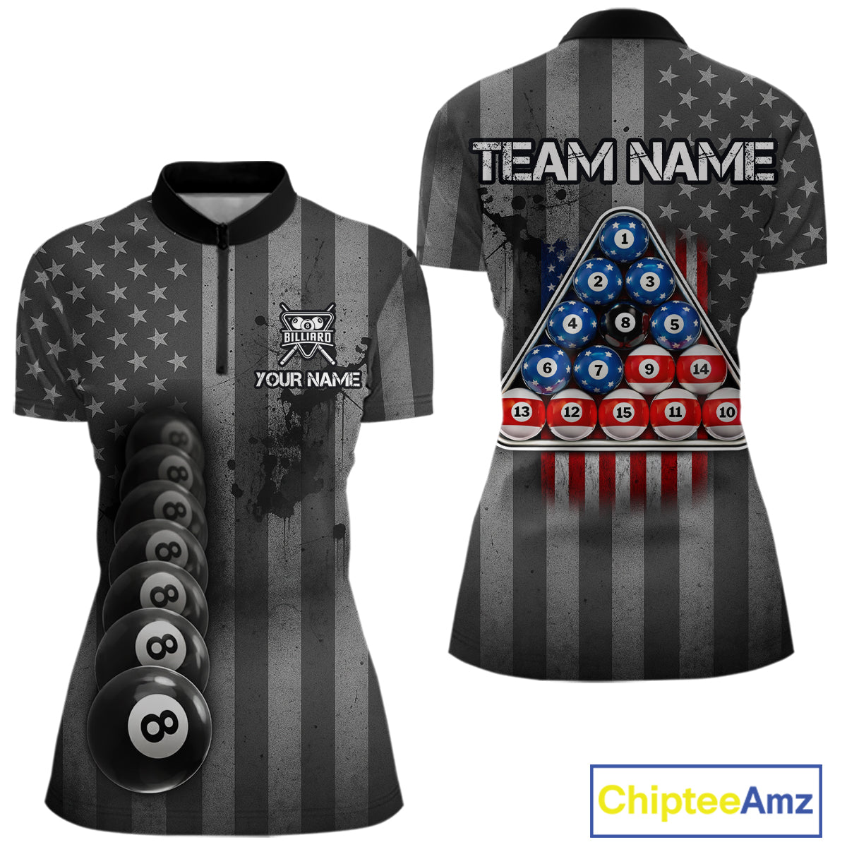 Grunge US Flag Blur 8 Ball Pool Billiard Team Shirt For Women Custom Patriotic Billiards Ball Attire NYN2470