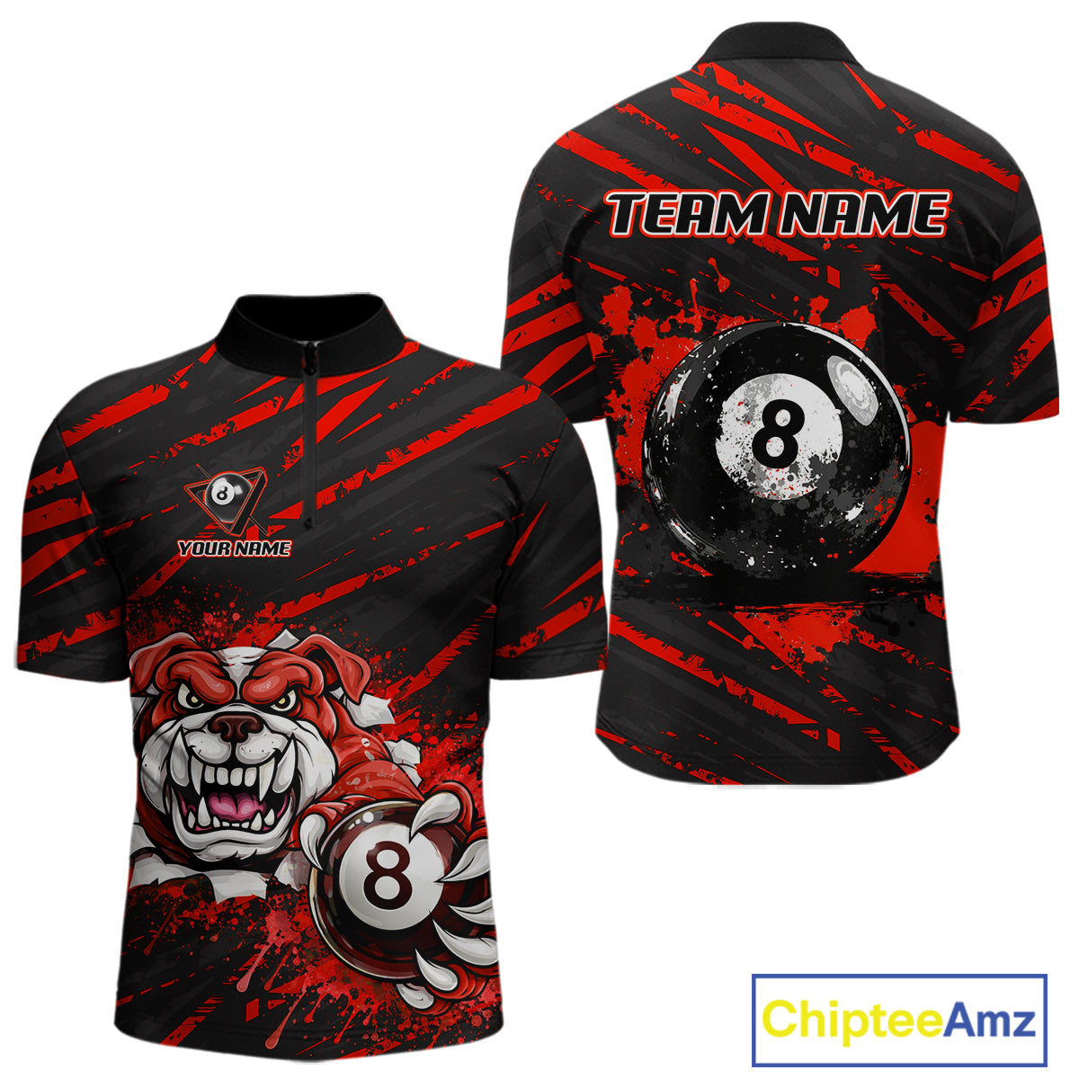 Red Splatter Ball 8 Billiard Jerseys For Men Custom Funny Bulldog Billiard Team Jersey NYN2828