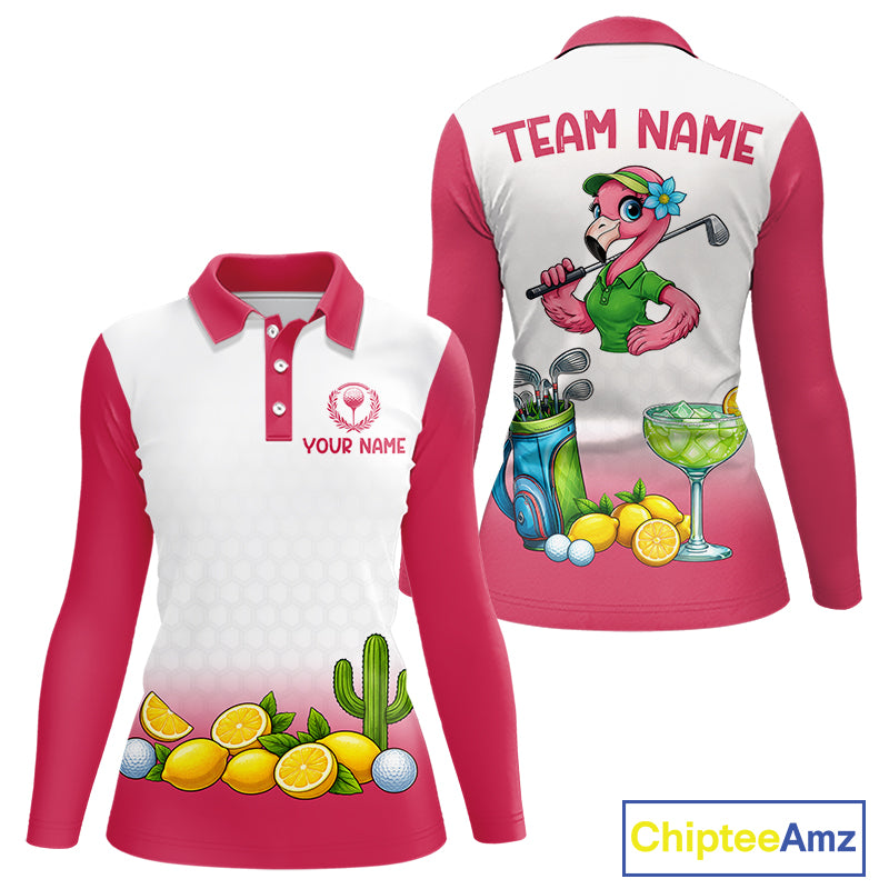 Womens Flamingo Tropical Polo Golf Shirts Custom Pink And White Ball Golf Attire For Golfers NYN3061