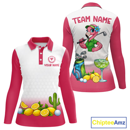 Womens Flamingo Tropical Polo Golf Shirts Custom Pink And White Ball Golf Attire For Golfers NYN3061