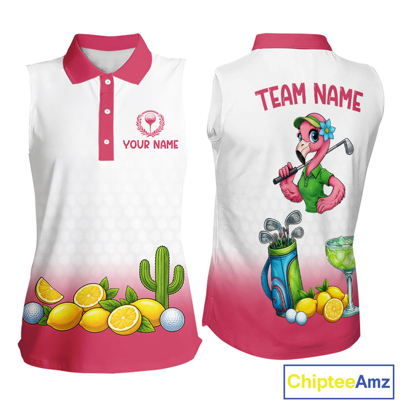Womens Flamingo Tropical Sleeveless Polo Golf Shirts Custom Pink And White Ball Golf Attire For Golfers NYN3061