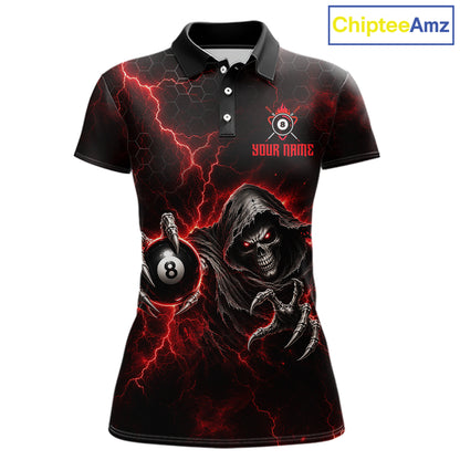 Custom Red Grim Reaper Thunder 8 Ball Pool Billiard Shirt For Women, Billiard Team Jersey NYN3778