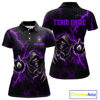 Custom Purple Grim Reaper Thunder 8 Ball Pool Billiard Shirt For Women, Billiard Team Jersey NYN3780